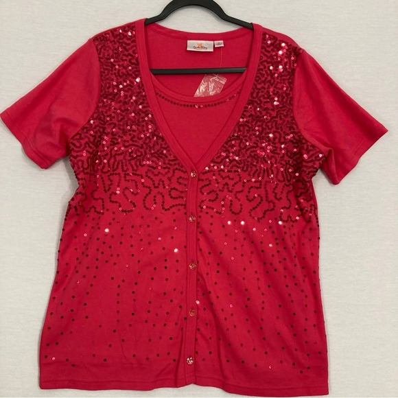 Quacker Factory Red Sequins Evening Layered Stretch Pullover Top Medium - Picture 1 of 9